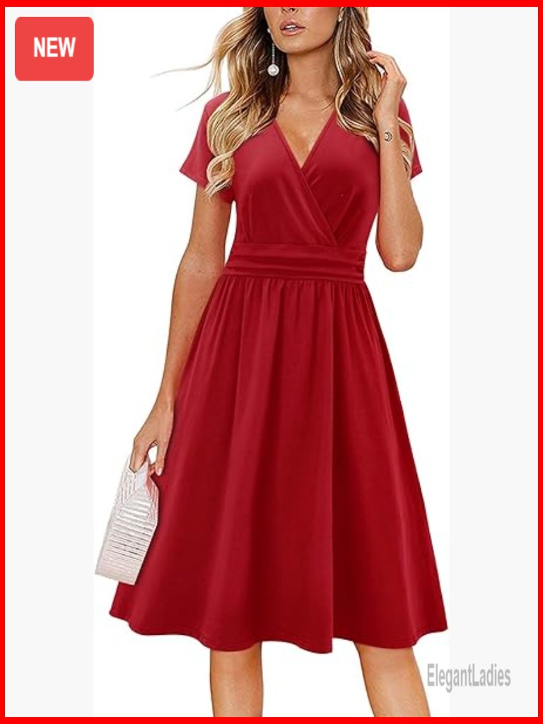 Women's Floral V-Neck Midi Sundress With Pockets, Short Sleeve Casual Dress